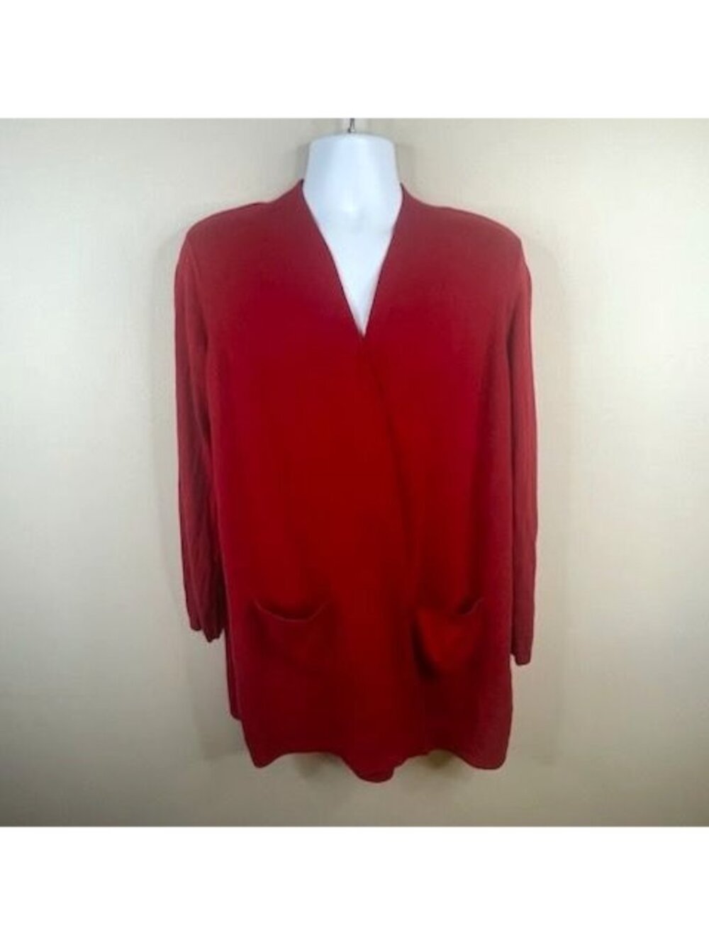 J Jill Cardigan Sweater XLarge Red Silk Wool Open Front Pocket Patriotic Classic